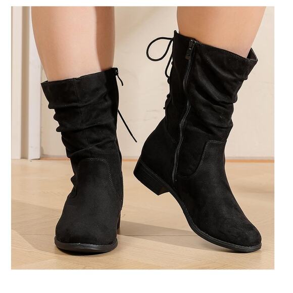 NEW Women’s Sz 9 XW Black Calf Boots – Low Heel Inside Zip Slouchy Lace-Up Backs - Picture 1 of 14